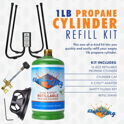 FLAME KING YSN1LBKT Flame King Refillable 1LB Empty Propane Cylinder Tank with Refill Kit and CGA600 Connection - Reusable, Safe and Legal Refill Option, DOT Compliant