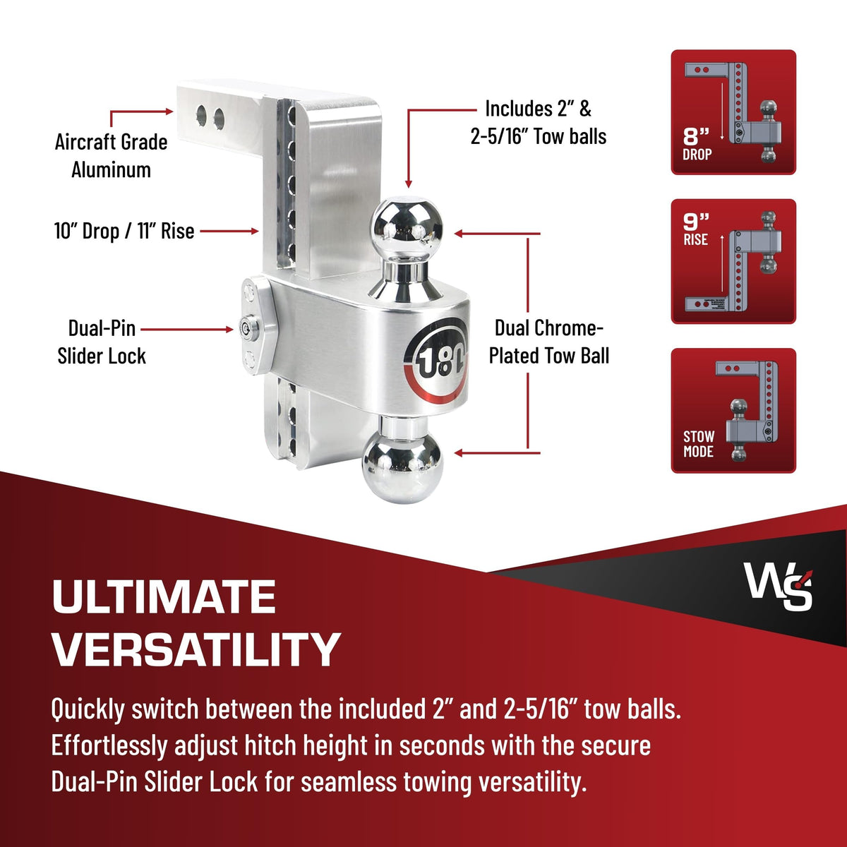 WEIGH SAFE CTB8-2 Weigh Safe 180 Hitch - Adjustable Trailer Hitch Ball Mount - 8" Adjustable Drop Hitch for 2" Receiver - Heavy Duty Aluminum Trailer Tow Hitch w/ Chrome Plated Tow Balls (2" & 2 5/16") - 12,500 GTW