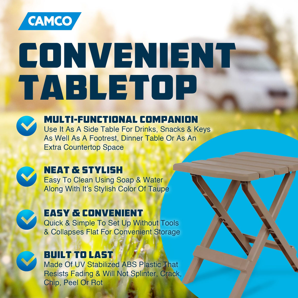 CAMCO 51883 Camco Adirondack Portable Outdoor Camping Small Weatherproof Rustproof Durable Plastic Folding Side Table for Indoor and Outdoor Use, Taupe