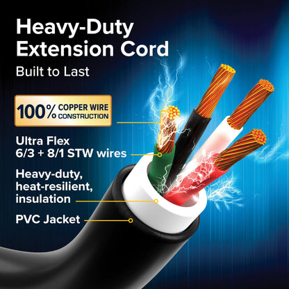 CAMCO 55194 Camco Power Grip 15-Ft 50-Amp Camper/RV Extension Cord - Male to Female (NEMA 14-50P to 14-50R) - Rated for 125-250V/12500W - Features Heavy Duty Copper Wire & Weather Resistant PVC (55194)