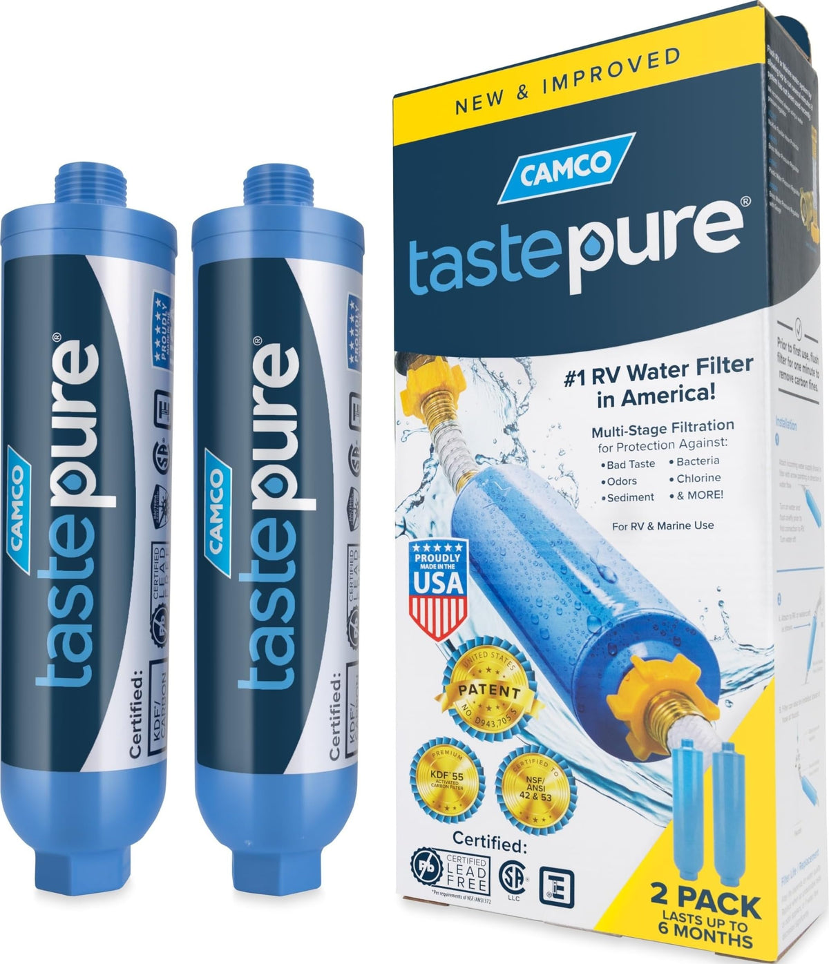 CAMCO 40045 Camco Tastepure RV Water Filter 2-pk - GAC & KDF Filtration-Made in the USA