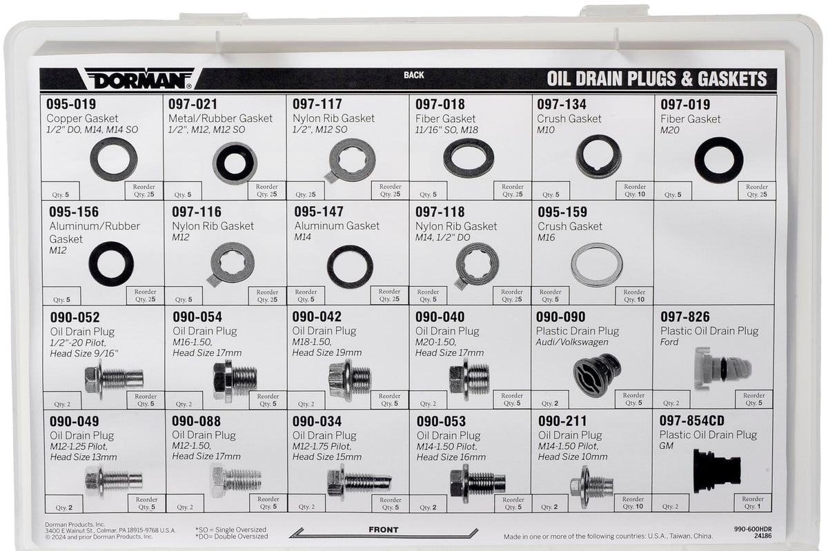 Dorman 990-600 Oil Drain Plug and Gaskets Tech Tray (23 SKUs