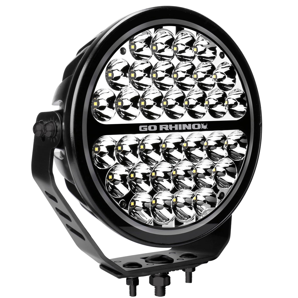 GO RHINO 751700911DRS Go Rhino Xplor Lighting: Blackout Series 9" Round Single Driving Kit w/ Daytime Running Lights | Surface Mount ( Threaded Stud Mount), Aluminum, Black | 751700911DRS