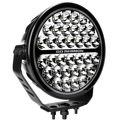 GO RHINO 751700911DRS Go Rhino Xplor Lighting: Blackout Series 9" Round Single Driving Kit w/ Daytime Running Lights | Surface Mount ( Threaded Stud Mount), Aluminum, Black | 751700911DRS