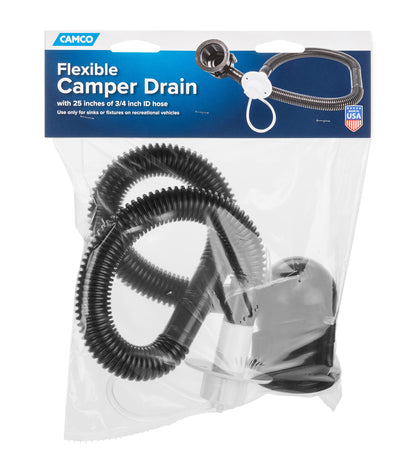 CAMCO 37420 Camco Flexible Camper/RV Drain | Designed for Campers w/Single Sink and No Holding Tanks | Includes 25” of ¾-Inch ID Hose | Crafted of Heavy-Duty Chemical-Resilient Polymer (37420)