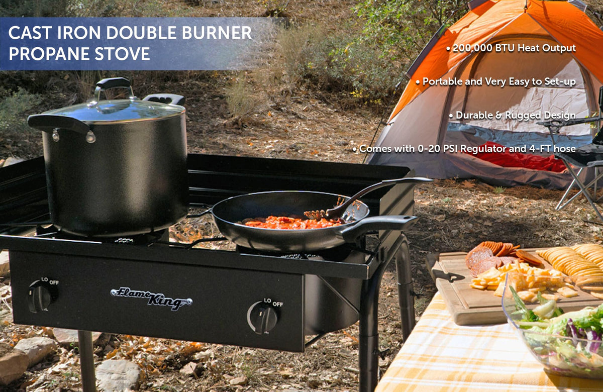 FLAME KING YSN-DB60K Flame King Outdoor Propane Double Dual Burner Stove 200K BTU Turkey Fryer/Camp Cooker, Portable with Stand Great for Backyard Cooking, Home Brewing & Canning