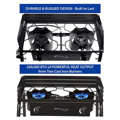 FLAME KING YSN-DB60K Flame King Outdoor Propane Double Dual Burner Stove 200K BTU Turkey Fryer/Camp Cooker, Portable with Stand Great for Backyard Cooking, Home Brewing & Canning