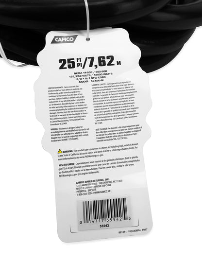 CAMCO 55542 Camco PowerGrip 25-Foot 50-Amp RV Extension Cord | Features a 50-Amp Standard Male Connector, a 50-Amp Locking Female Connector, and is Rated for 125/250 Volts/12500 Watts (55542)
