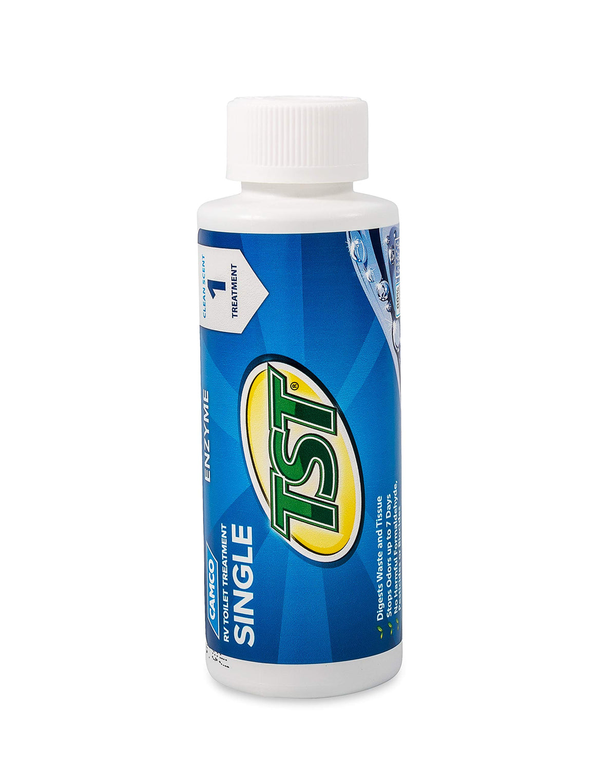 CAMCO 41501 Camco TST Blue Enzyme Toilet Treatment - Formaldehyde Free - Breaks Down Waste And Tissue - Septic Tank Safe -Treats up to 8-40 Gallon Holding Tanks - (8) 4 oz Bottles (41501)