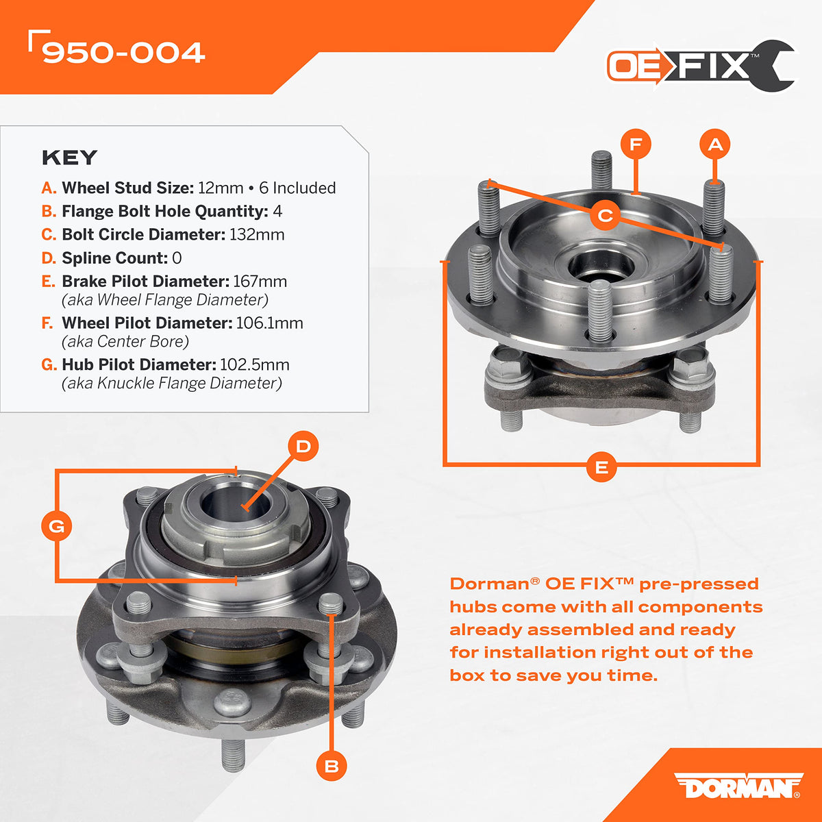 DORMAN 950-004 Dorman 950-004 Pre-Pressed Hub Assembly - Front Compatible with Select Toyota Models (OE FIX)