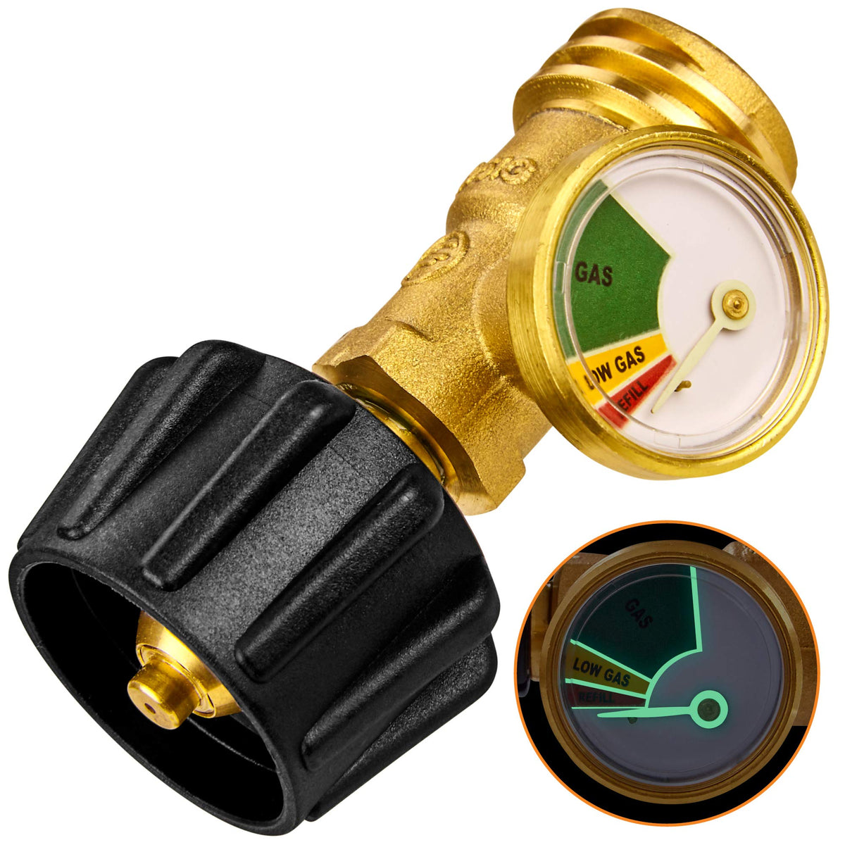 FLAME KING PTC-01 Flame King Propane Tank Gauge Level Indicator Leak Detector Gas Pressure Meter Color Coded & Glow in the Dark Universal for Cylinder, BBQ Gas Grill, RV Camper, Heater and More Appliances, Brass