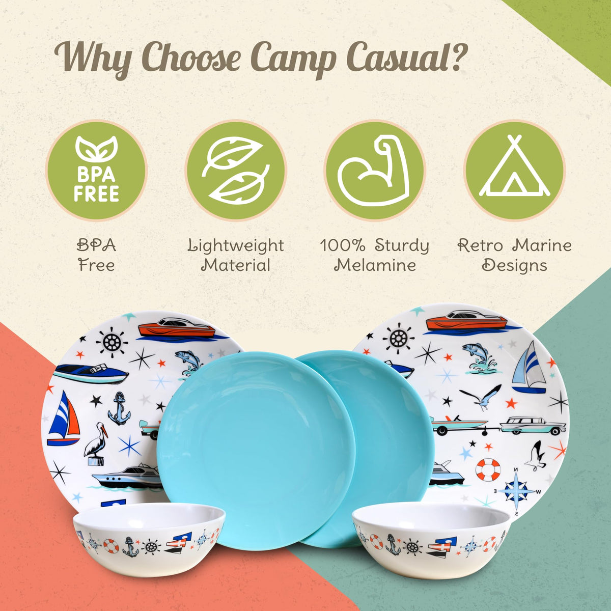 CAMP CASUAL CC-009 Melamine Dinnerware Sets - 6-pc Marine Dish Set - 2 Bowls, 2 Salad & 2 Dinner Melamine Plates for Indoor & Outdoor - BPA Free, Dishwasher Safe, Shatter-Res Dinnerware Set - Camping Dishes, Camp Casual