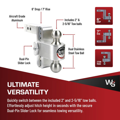 WEIGH SAFE LTB6-2-KA Weigh Safe Adjustable Trailer Hitch Ball Mount, 6" Adjustable Drop Hitch for 2" Receiver w/ 2 pc Keyed Alike Lock Set, Heavy Duty Aluminum Trailer Tow Hitch w/ Stainless Steel Tow Balls, 12,500 GTW