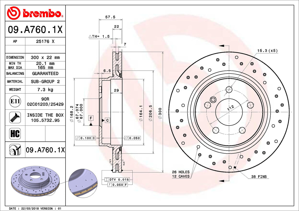 BREMBO 09A7601XC02 Brembo 09.A760.1X Xtra UV Coated vented drilled Rear Brake Rotor MERCEDES-BENZ/MERCEDES-BENZ (BBDC) OE# A0004231212