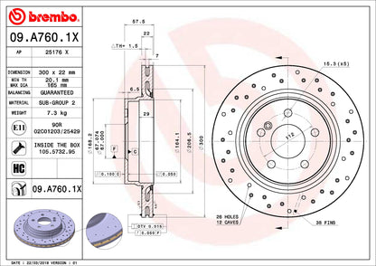BREMBO 09A7601XC02 Brembo 09.A760.1X Xtra UV Coated vented drilled Rear Brake Rotor MERCEDES-BENZ/MERCEDES-BENZ (BBDC) OE# A0004231212