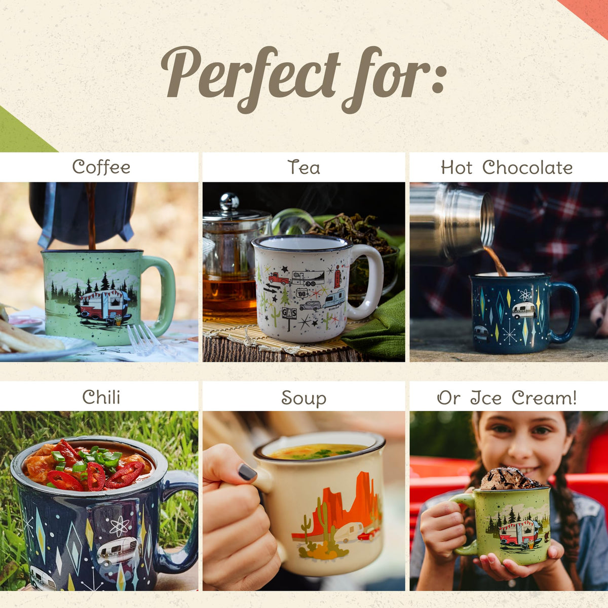 CAMP CASUAL CC-004T Ceramic Coffee Mug - 15 oz Retro Inspired Camping Mug - for Hot & Cold Drinks - Works as a Tea, Soup, & Coffee Mug - Stylish, Versatile, & Microwaveable Camping Coffee Mugs by Camp Casual