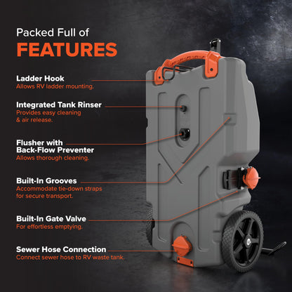 CAMCO 39007 Camco Rhino 36-Gallon Portable Camper/RV Tote Tank - Features 2 Steerable No-Flat Front Wheels & Built-in Gate Valve - Includes Removable 24" Tow Bar, 3’ Sewer Hose & More RV Accessories (39007)