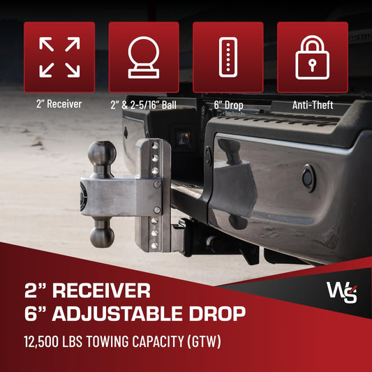 WEIGH SAFE LTB6-2-KA Weigh Safe Adjustable Trailer Hitch Ball Mount, 6" Adjustable Drop Hitch for 2" Receiver w/ 2 pc Keyed Alike Lock Set, Heavy Duty Aluminum Trailer Tow Hitch w/ Stainless Steel Tow Balls, 12,500 GTW