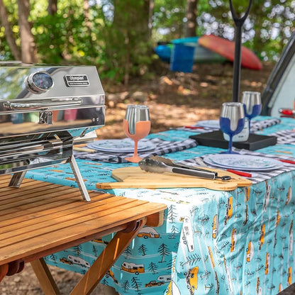 CAMCO 53380 Camco Life is Better at The Campsite Picnic Table Cover with Bench Covers - Provides a Clean Eating Surface for Outdoor Activities - Features an RV and Tree Sketch Design (53380)
