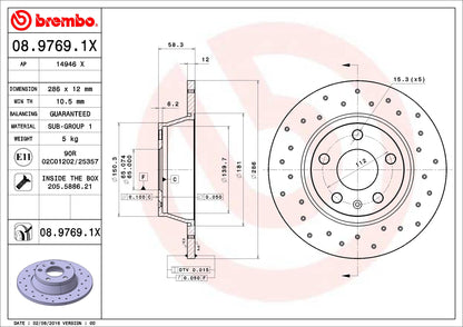 BREMBO 0897691XC02 Brembo 08.9769.1X Xtra UV Coated solid drilled Rear Brake Rotor AUDI OE# 8J0615601