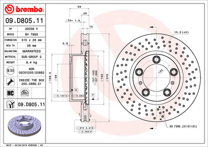 BREMBO 09D80511C02 Brembo 09.D805.11 UV Coated Pillar Vented drilled Front Brake Rotor PORSCHE OE# 98135140101