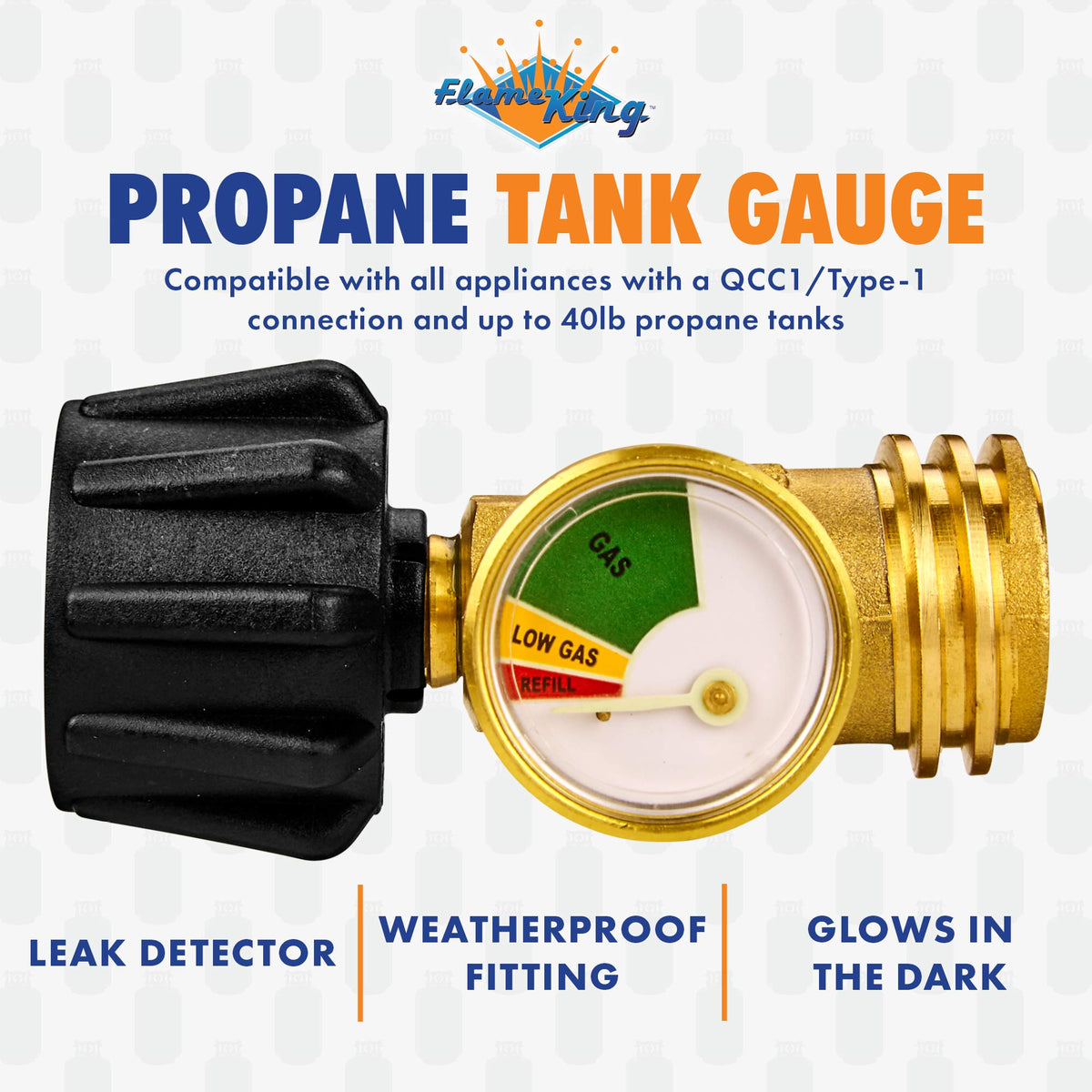 FLAME KING PTC-01 Flame King Propane Tank Gauge Level Indicator Leak Detector Gas Pressure Meter Color Coded & Glow in the Dark Universal for Cylinder, BBQ Gas Grill, RV Camper, Heater and More Appliances, Brass