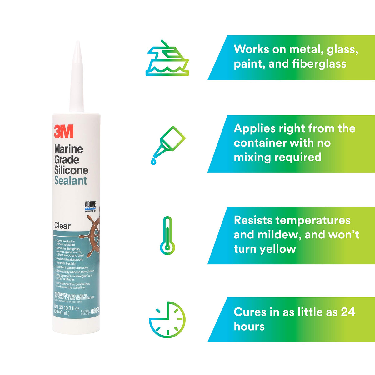 3M 08029 3M Marine Grade Silicone Sealant, Clear, 304 mL Cartridge