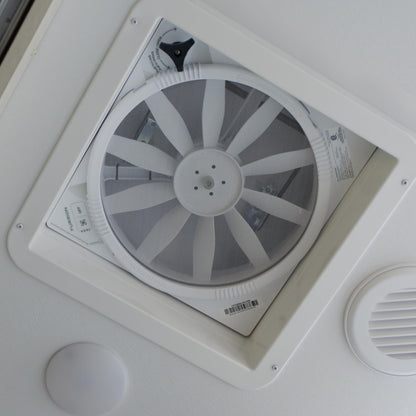 FURRION LLC FVF14D90R6A-PW-AM Furrion 10-Blade, 14" RV Rooftop Vent Exhaust Fan with Lid, Four Fan Speeds, Push-Button Controls, Removable Insect Screen, Flush-Mount Design for 2" to 7" Thick Roofs, White - FVF14D90R6A-PS-AM