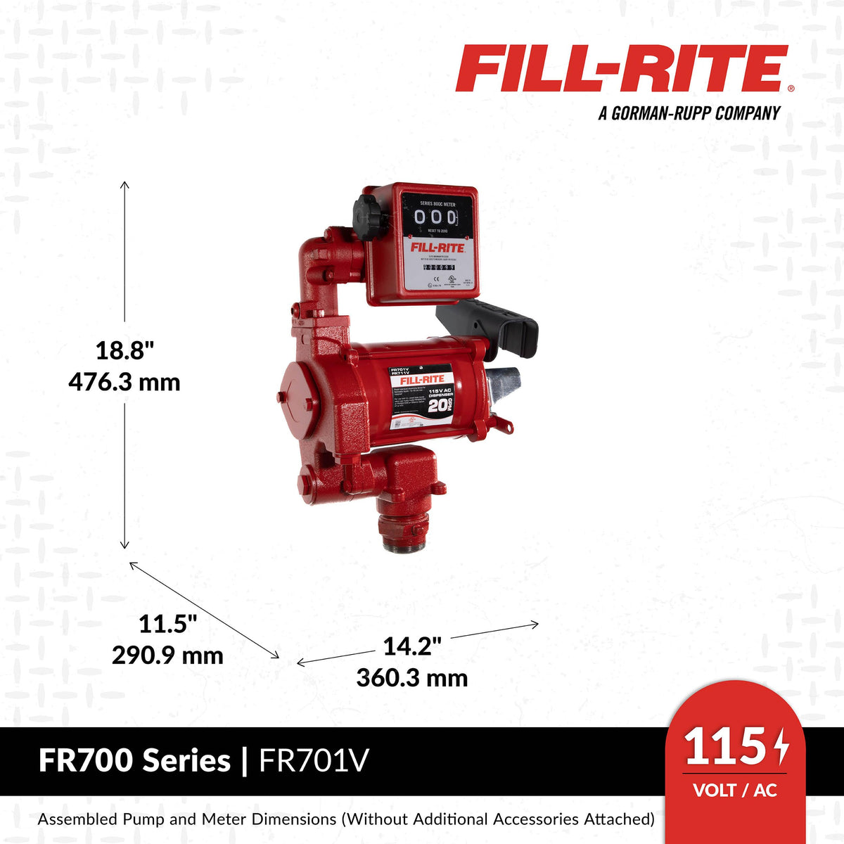 FILL RITE FR701V Fill-Rite FR701V 115V 20 GPM Fuel Transfer Pump With Standard Mechanical Meter Package, Gallons - For Gasoline, Diesel, Kerosene, Ethanol Blends, Methanol Blends & Biodiesel up to B20