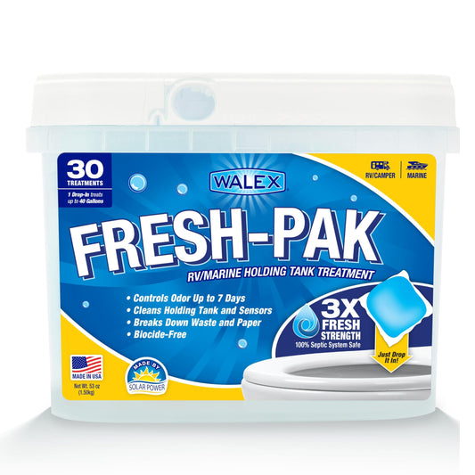 WALEX FRESHPAK30 Walex Fresh-Pak RV/Marine Holding Tank Treatment - Black Water Holding Tank Deodorizer for Rapid Breakdown of Waste & Toilet Paper, Neutralizes Odors, Septic Tank Safe, Fresh Scent (Pack of 30)