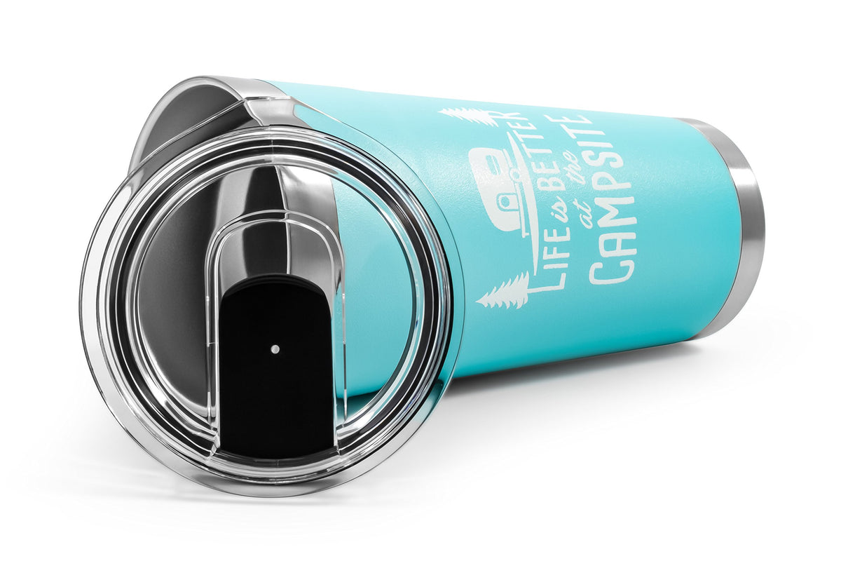 CAMCO 53057 Camco Life is Better at The Campsite Tumbler | Heavy Duty Double Wall Vacuum Insulation | Crafted of 18/8 Stainless Steel | Unique “Life is Better at The Campsite” Design on Cool Blue | 20-oz (53057)