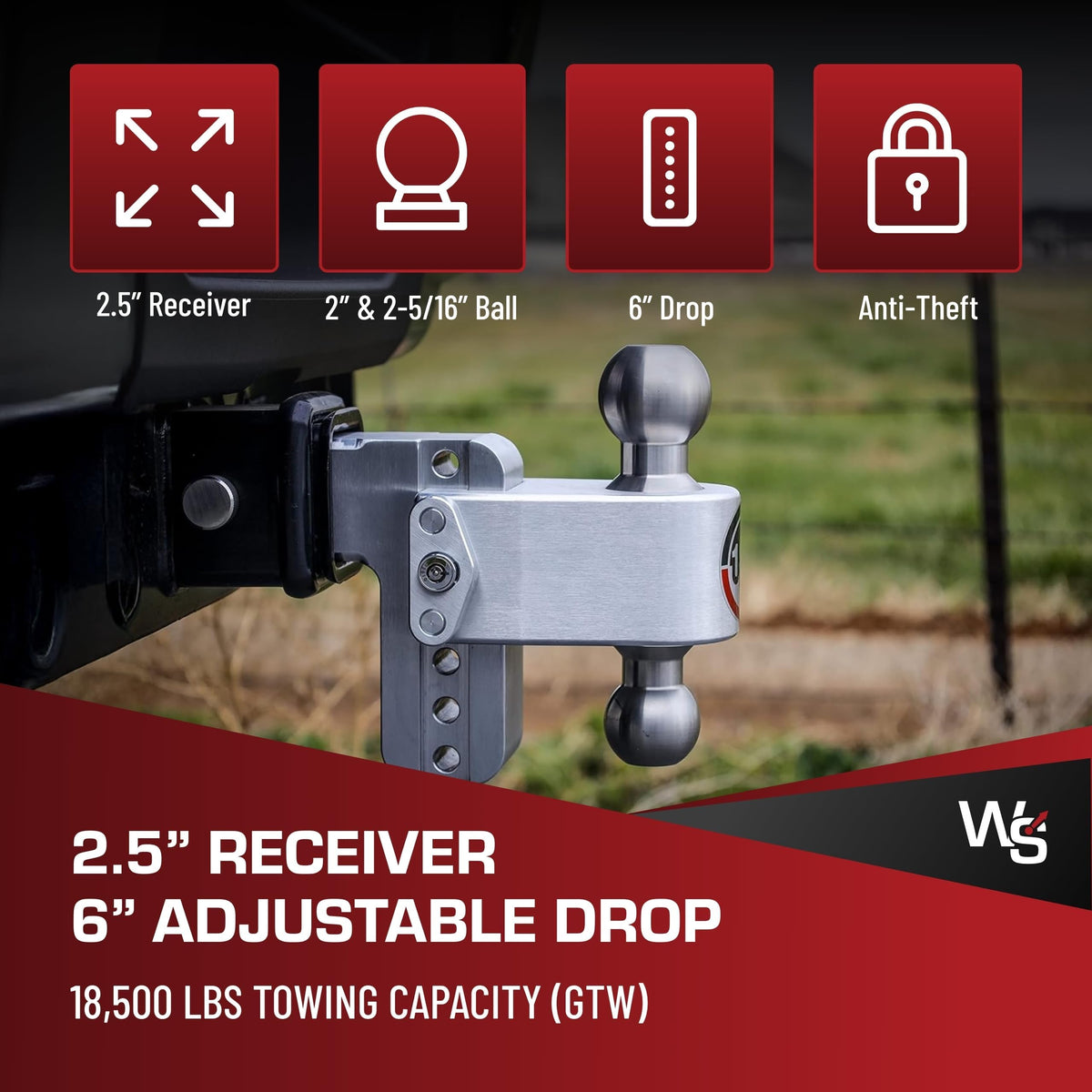 WEIGH SAFE LTB6-2.5-KA Weigh Safe Adjustable Trailer Hitch Ball Mount, 6" Adjustable Drop Hitch for 2.5" Receiver w/ 2 pc Keyed Alike Lock Set, Heavy Duty Aluminum Trailer Tow Hitch w/ Stainless Steel Tow Balls, 18,500 GTW