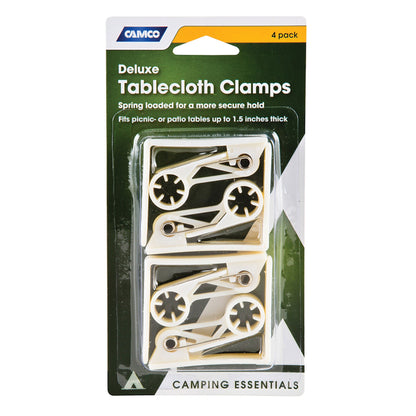 CAMCO 51077 Camco Deluxe Tablecloth Clamps | Features a Spring-Loaded Design for a Strong Hold, a Heavy-Duty Plastic Construction, and Fits Tables Up to 1-1/2-Inches Thick | 4-Pack (51077)