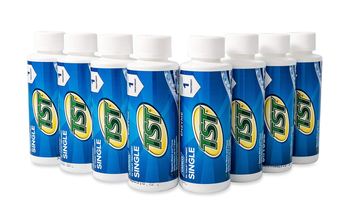 CAMCO 41501 Camco TST Blue Enzyme Toilet Treatment - Formaldehyde Free - Breaks Down Waste And Tissue - Septic Tank Safe -Treats up to 8-40 Gallon Holding Tanks - (8) 4 oz Bottles (41501)