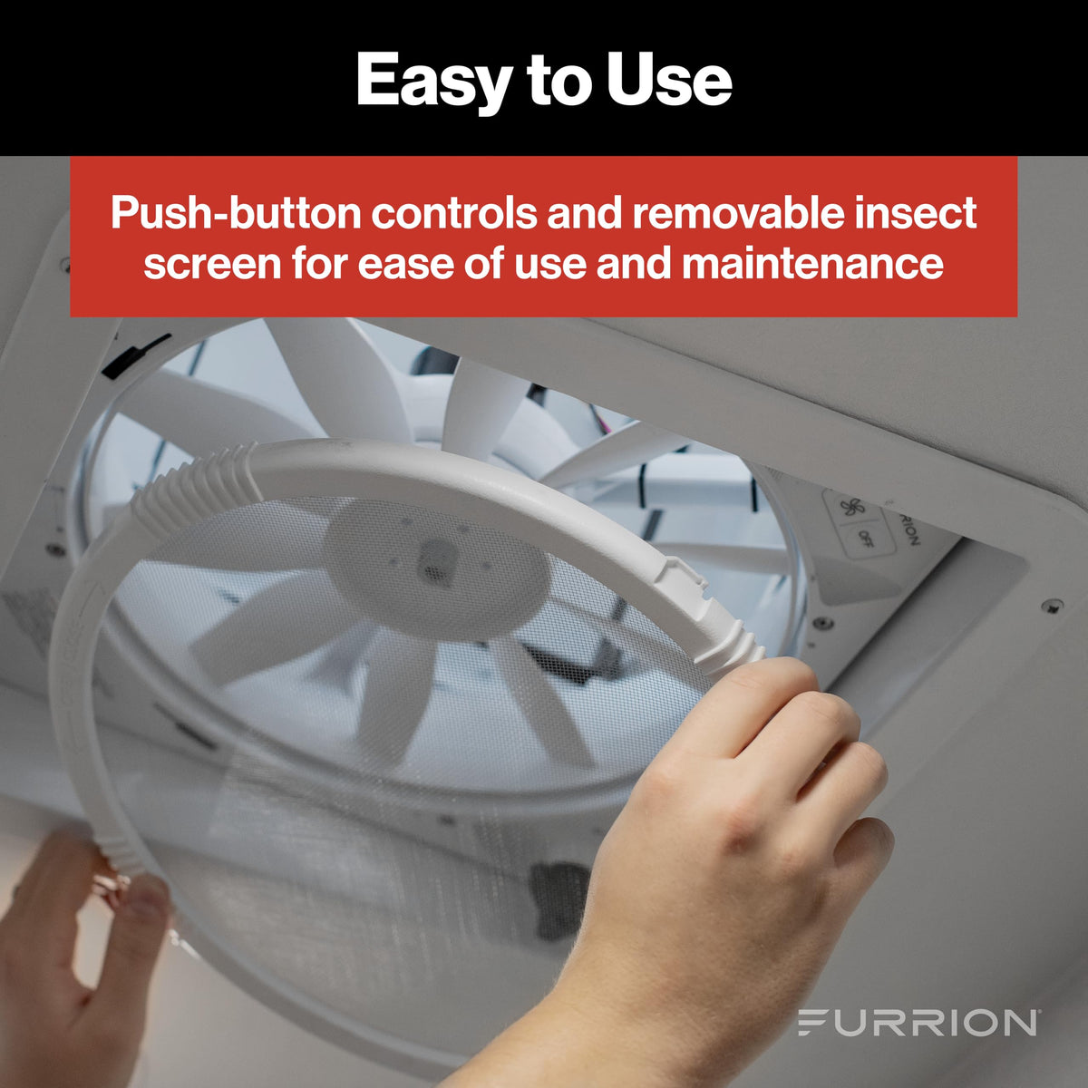FURRION LLC FVF14D90R6A-PW-AM Furrion 10-Blade, 14" RV Rooftop Vent Exhaust Fan with Lid, Four Fan Speeds, Push-Button Controls, Removable Insect Screen, Flush-Mount Design for 2" to 7" Thick Roofs, White - FVF14D90R6A-PS-AM