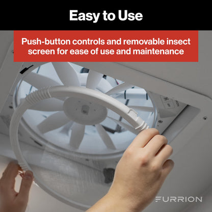 FURRION LLC FVF14D90R6A-PW-AM Furrion 10-Blade, 14" RV Rooftop Vent Exhaust Fan with Lid, Four Fan Speeds, Push-Button Controls, Removable Insect Screen, Flush-Mount Design for 2" to 7" Thick Roofs, White - FVF14D90R6A-PS-AM