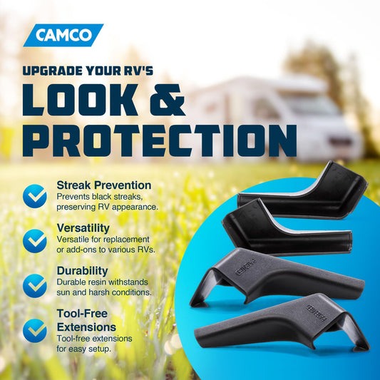 CAMCO 42452 Camco RV Gutter Spouts with Built-in Extensions | Direct Rain Water Runoff Away from The RV | Features an Easy Installation, a Sun Resilient Resin Construction, and Comes in a 4-Pack of Black (42452)