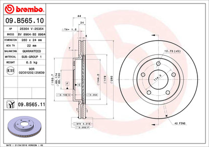 BREMBO 09.B565.10 Brembo 09.B565.10 DISCBRAKEROTOR VENTEDDISC