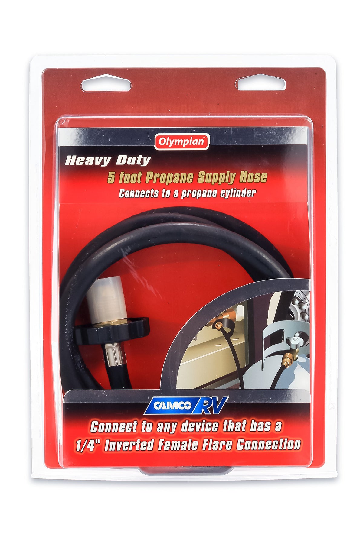 CAMCO 59033 Camco Olympian 5-Foot RV Propane Supply Hose - Built-In Excess Flow Protection - Connects Motorhome to 20/30 lb Propane Tank - Soft-Nose POL x 1/4-Inch Inverted Flare (59033)
