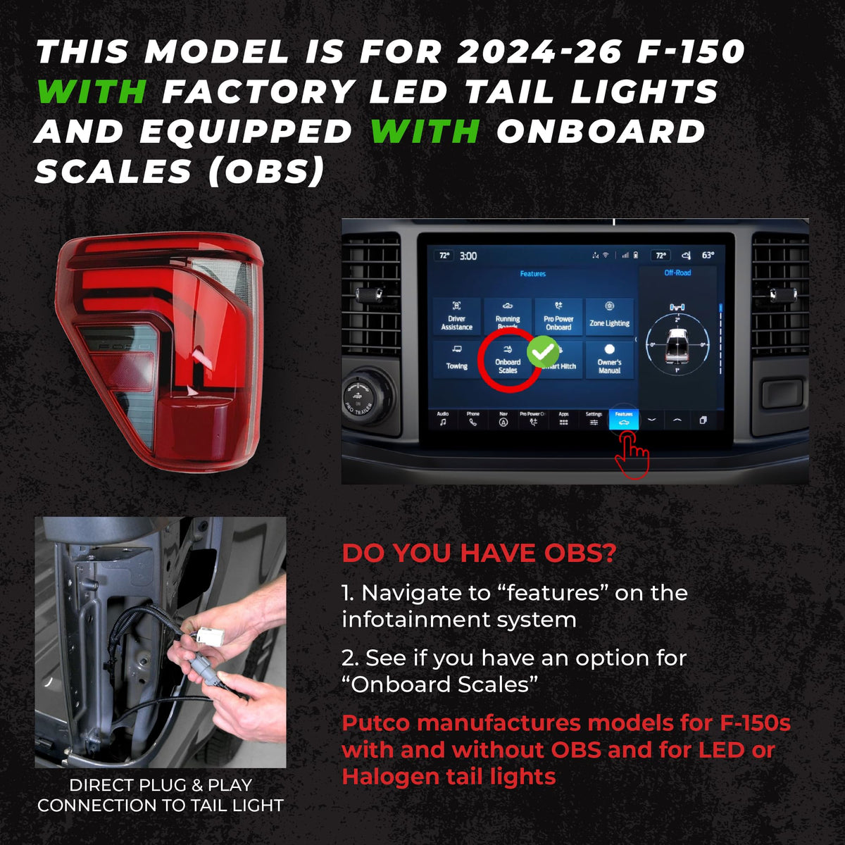 PUTCO 9201960-38 Putco 60" Blade LED Tailgate Light Bar Red/Amber/White LEDs & Plug-N-Play Quick Connect Harness - Fits Ford F150 2024-2027 (Only fits Models with Onboard Scale/Tow Tech & OE LED Taillights)