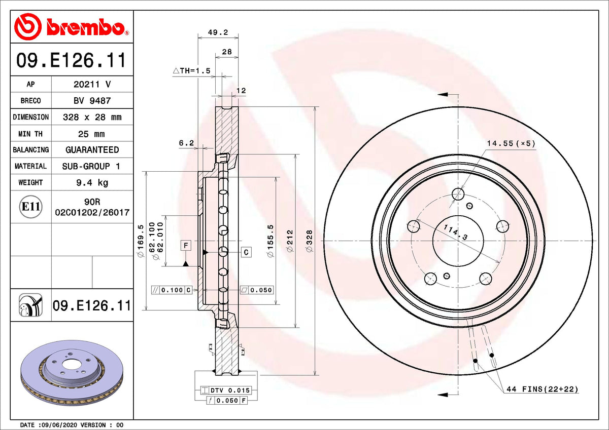 Brembo 09.E126.11 UV Coated vented Front Brake Rotor LEXUS/TOYOTA