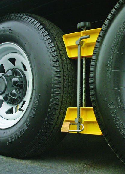 CAMCO 44642 Camco RV Wheel Chock Stabilizer w/Padlock - Stabilizes Your Trailer or Camper by Securing Tandem Tires to Prevent Movement While Parked - Compatible w/ 26" to 30" Tires - Large RV Wheel Stop (44642)