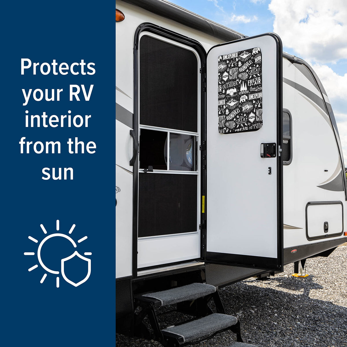 CAMCO 53052 Camco Life is Better at The Campsite RV Door Window Light Blocking Shade -Measures 25 1/4-in x 16 1/4-in - Helps Keep Interior Temperatures Cooler & Provides Added Privacy - Graffiti Design (53052)