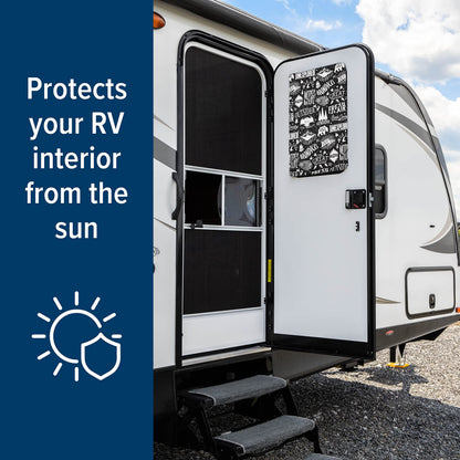CAMCO 53052 Camco Life is Better at The Campsite RV Door Window Light Blocking Shade -Measures 25 1/4-in x 16 1/4-in - Helps Keep Interior Temperatures Cooler & Provides Added Privacy - Graffiti Design (53052)