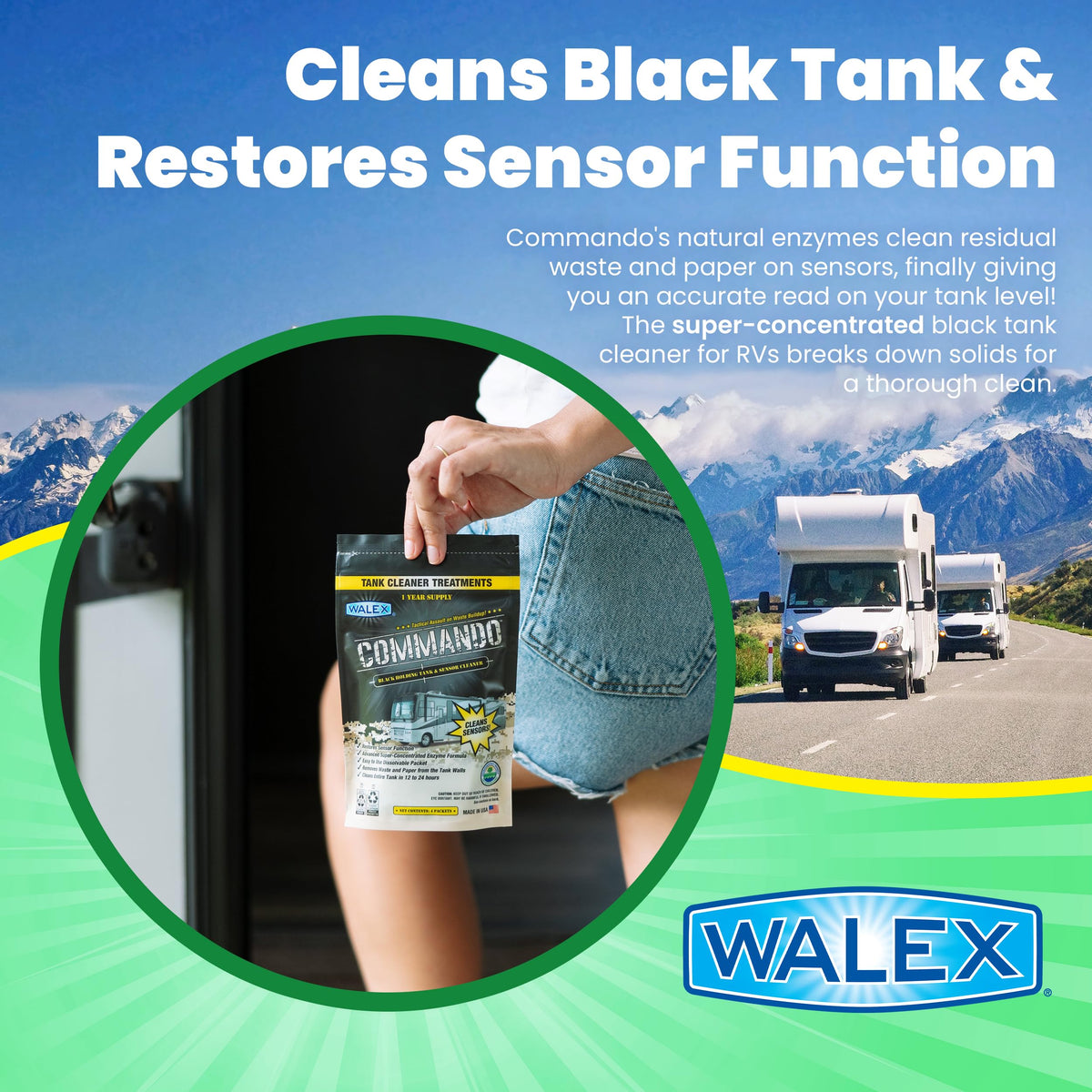 WALEX CMDOBG Walex Commando RV Tank Sensor Cleaner Packets – Cleans Black Tanks, 4-Pk