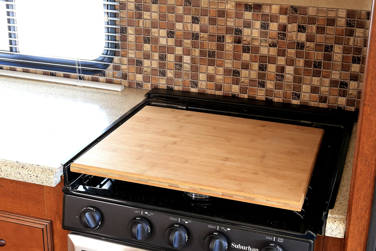 CAMCO 43571 Camco Silent Top RV Stovetop Cover, Natural Bamboo, 3 or 4 Burner, 43571