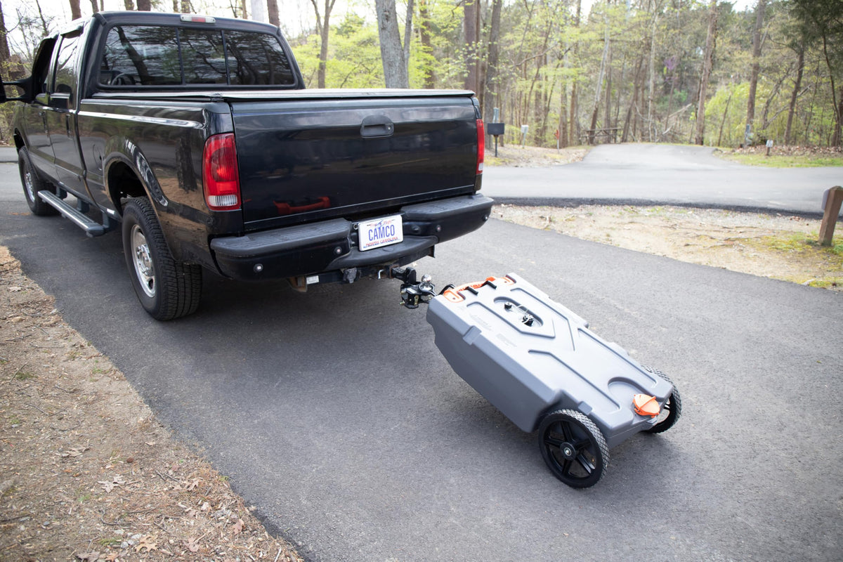 CAMCO 39004 Camco Rhino 28-Gallon Camper/RV Tote Tank - Features Large Heavy-Duty No-Flat Wheels & Built-in Gate Valve - Removable Steel Tow Adapter, 3’ Sewer Hose & More RV Accessories (39004)