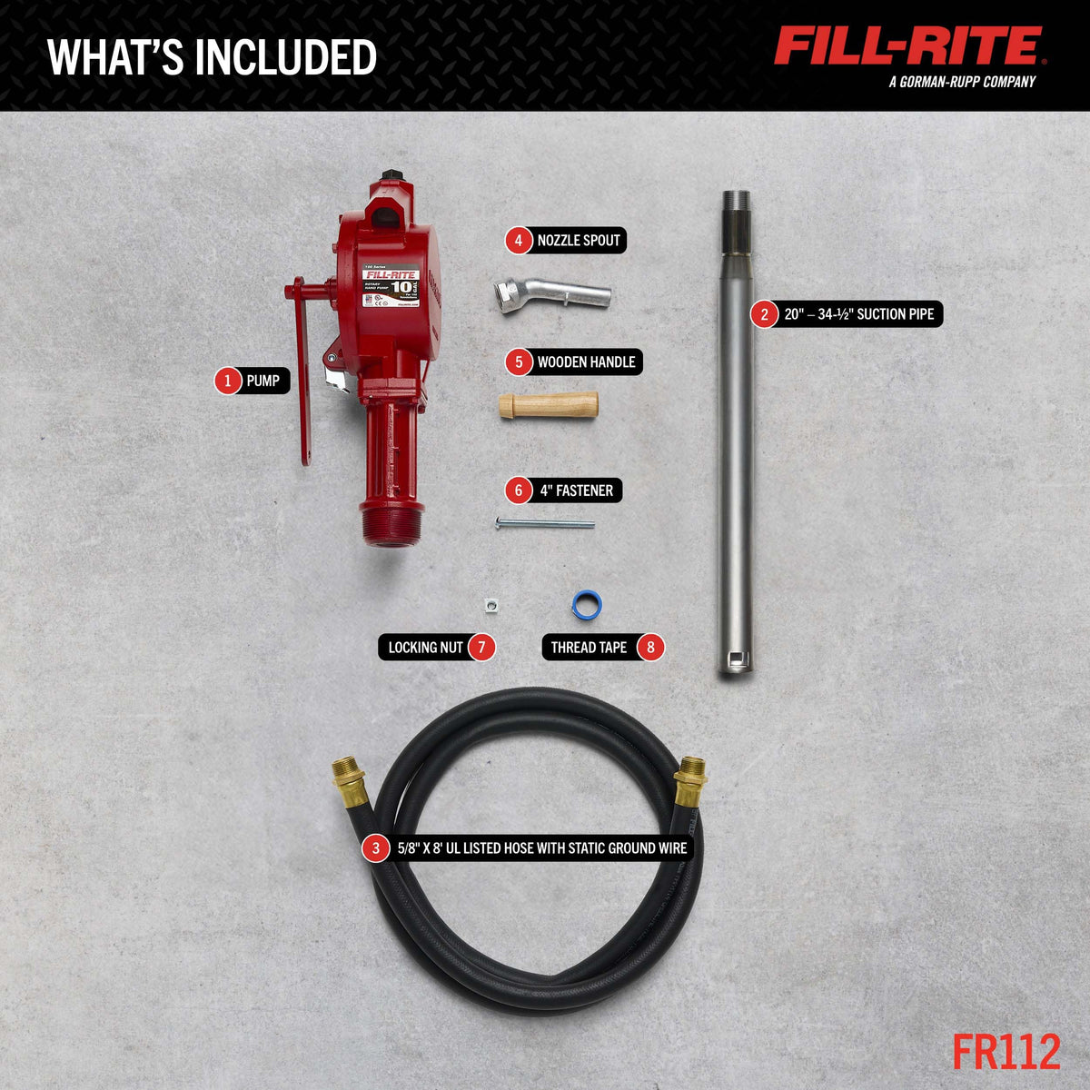 FILL RITE FR112 Fill-Rite FR112 Fuel Transfer Rotary Hand Pump w/Discharge Hose, Straight Spout, Vacuum Breaker, & Suction Pipe