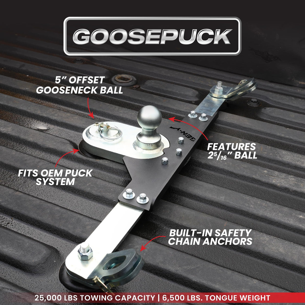 GEN-Y HITCH GH-21017 GEN-Y Hitch GoosePuck GEN II Main Assembly - 5" Offset - 25K Overall Towing - with Safety Chain Anchors Incorporated - Compatible with GM 2020 to Current Short and Long Bed Trucks