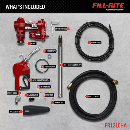 FILL RITE FR1210HA Fill-Rite FR1210HA 12V 15 GPM Fuel Transfer Pump with Discharge Hose & Automatic Nozzle, Red | Gasoline, Diesel, Kerosene, Ethanol & Methanol Blends & Biodiesel